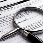 **Analyzing an insurance policy:** A close-up shot of an insurance policy document with highlighted sections, a magnifying glass, and a pen, emphasizing thorough review and understanding.