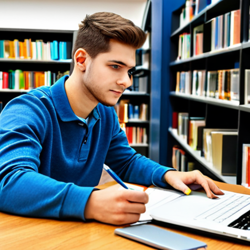 Smart Study Session**
A student, fully clothed in appropriate casual attire, studying at a desk with a laptop and textbooks. The setting is a bright and modern library, safe for work, appropriate content, professional, perfect anatomy, correct proportions, natural pose, well-formed hands, proper finger count, natural body proportions, high quality.
**