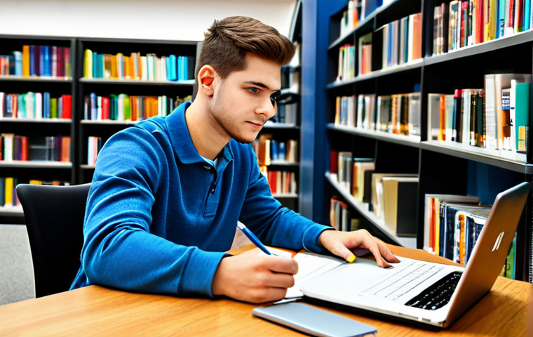 Smart Study Session**

A student, fully clothed in appropriate casual attire, studying at a desk with a laptop and textbooks. The setting is a bright and modern library, safe for work, appropriate content, professional, perfect anatomy, correct proportions, natural pose, well-formed hands, proper finger count, natural body proportions, high quality.

**