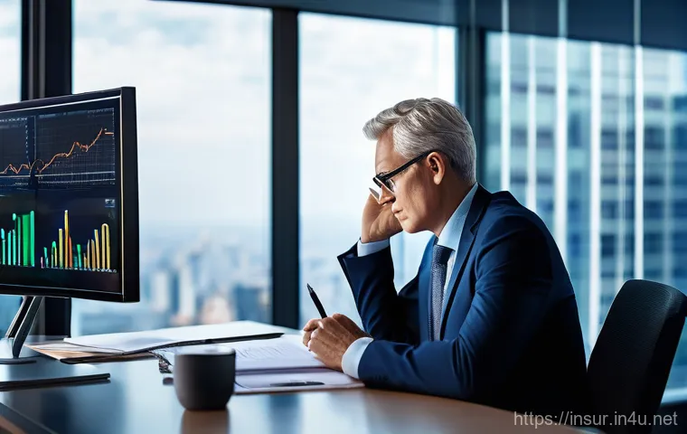 보험계리사와 국민연금 분석 - An actuary, a man or woman in their 40s, sits at a modern desk filled with multiple screens displayi...