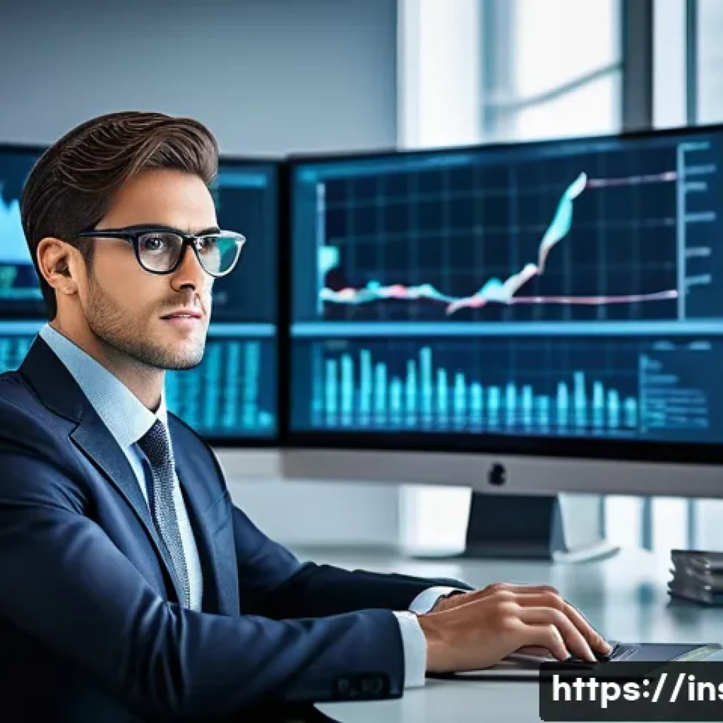 보험계리사와 재무 리스크 관리 - A professional insurance actuary in a modern office setting, analyzing complex risk models on multip...