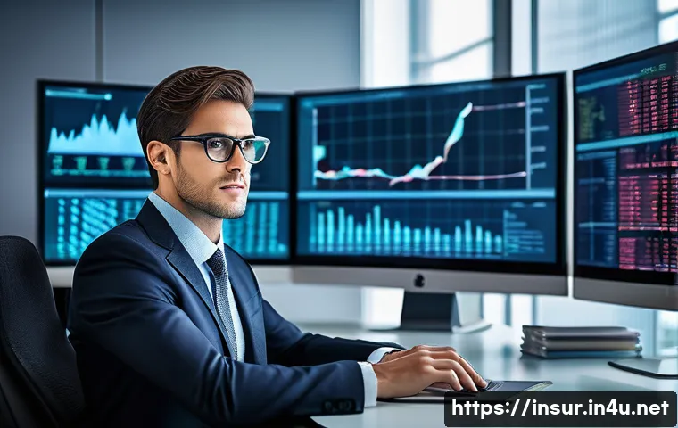 보험계리사와 재무 리스크 관리 - A professional insurance actuary in a modern office setting, analyzing complex risk models on multip...