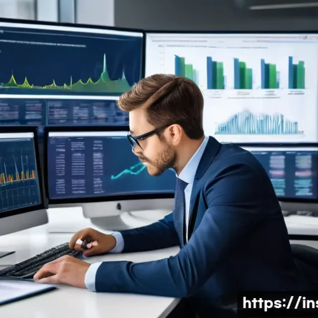 보험계리사와 보험사 내부 감사 - A professional actuary in a modern office setting, analyzing complex statistical data and mathematic...