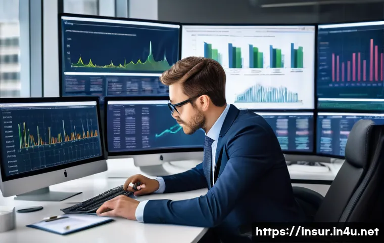 보험계리사와 보험사 내부 감사 - A professional actuary in a modern office setting, analyzing complex statistical data and mathematic...