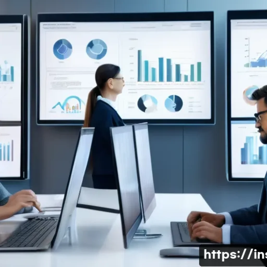 보험계리사와 직무 변화 대응 - A modern insurance actuary office scene showing a diverse group of professionals analyzing big data ...