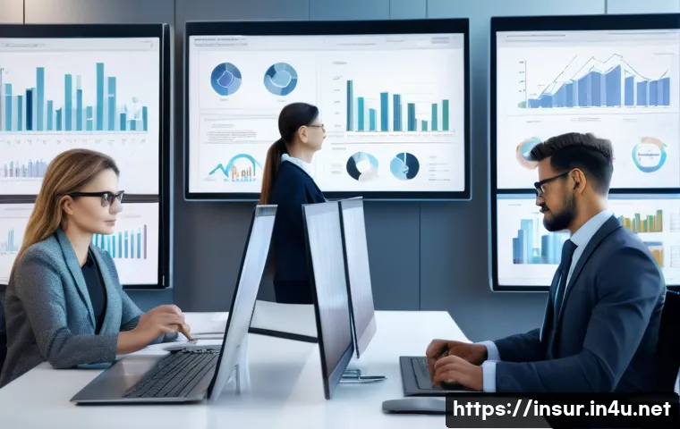 보험계리사와 직무 변화 대응 - A modern insurance actuary office scene showing a diverse group of professionals analyzing big data ...