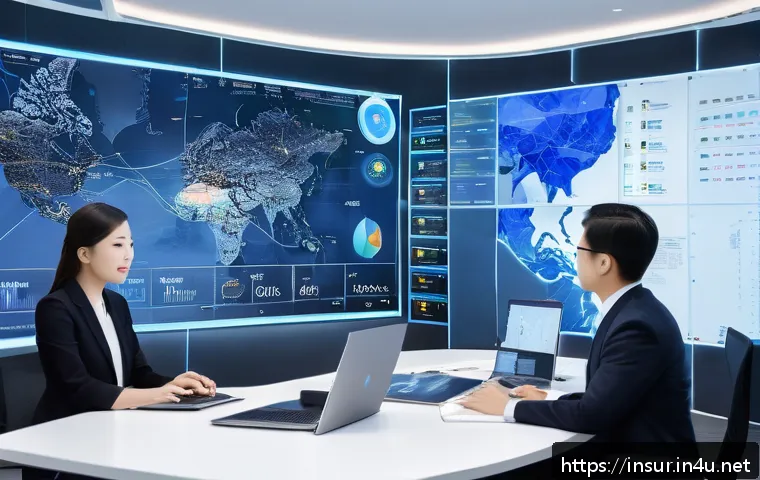 보험계리사와 보험 사고율 변화 - A futuristic insurance actuary office scene featuring a diverse team of professionals analyzing real...