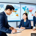 Home 21 보험계리사와 유럽 시장 접근법 - A modern office scene depicting a diverse team of insurance actuaries in a European setting, analyzi...
