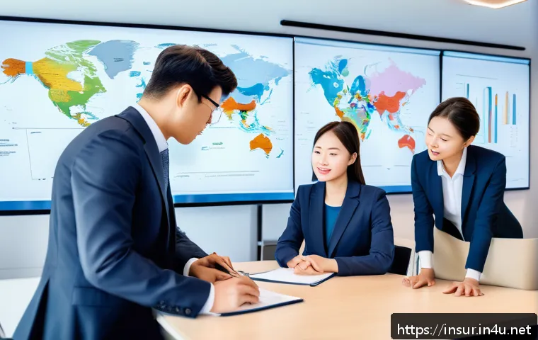 보험계리사와 유럽 시장 접근법 - A modern office scene depicting a diverse team of insurance actuaries in a European setting, analyzi...