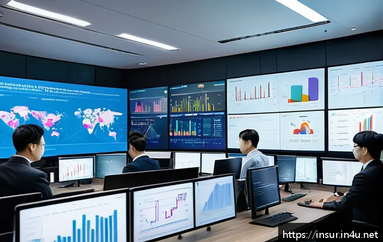 보험계리사와 보험 해약률 분석 - A modern insurance company office scene showing a diverse team of actuaries and financial analysts c...