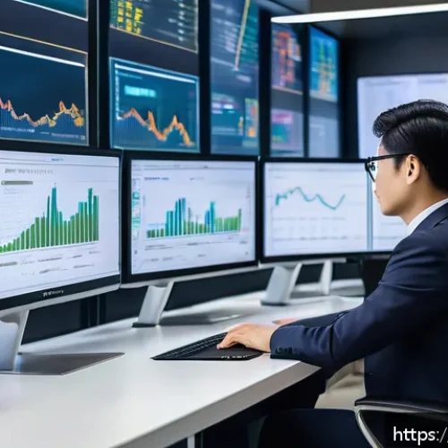 Home 31 보험계리사와 고령화 사회 - A professional actuary in a modern office environment, analyzing complex data on multiple large digi...