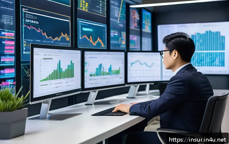 보험계리사와 고령화 사회 - A professional actuary in a modern office environment, analyzing complex data on multiple large digi...