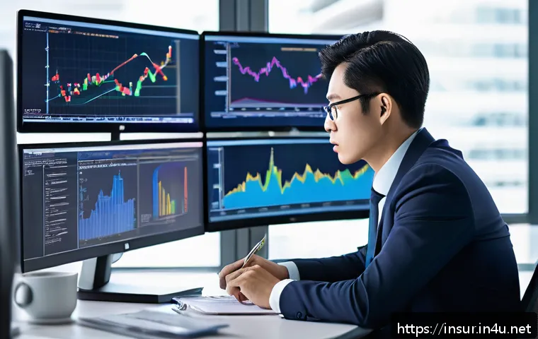 보험계리사 윤리 강령 - A professional actuary in a modern office setting, attentively studying complex insurance risk model...