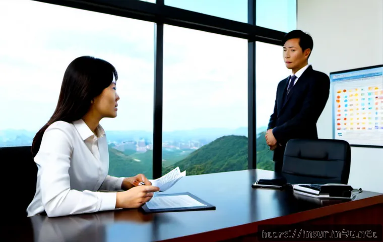 보험계리사와 종합보험 설계 - Photorealistic modern insurance office, a professional actuary in smart business attire analyzing co...