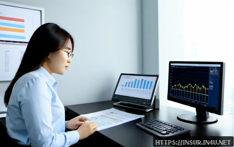 보험계리사와 보험 시장 예측 - Photorealistic insurance actuary in a modern office, a professional middle-aged analyst studying cle...