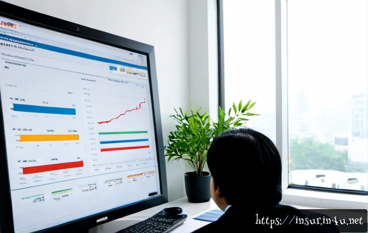 보험계리사와 사업 지속 가능성 - Photorealistic insurance actuary reviewing risk charts on a large monitor beside a small business ow...