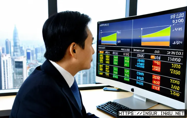 보험계리사와 보험사의 투자 전략 - Photorealistic insurance actuary in a modern office, a focused middle-aged professional reviewing co...